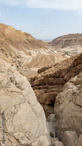 Indescribable  beauty of Judean Desert in area of ​​dried up bed of the Izrakh River near coast of Dead Sea in southern Israel