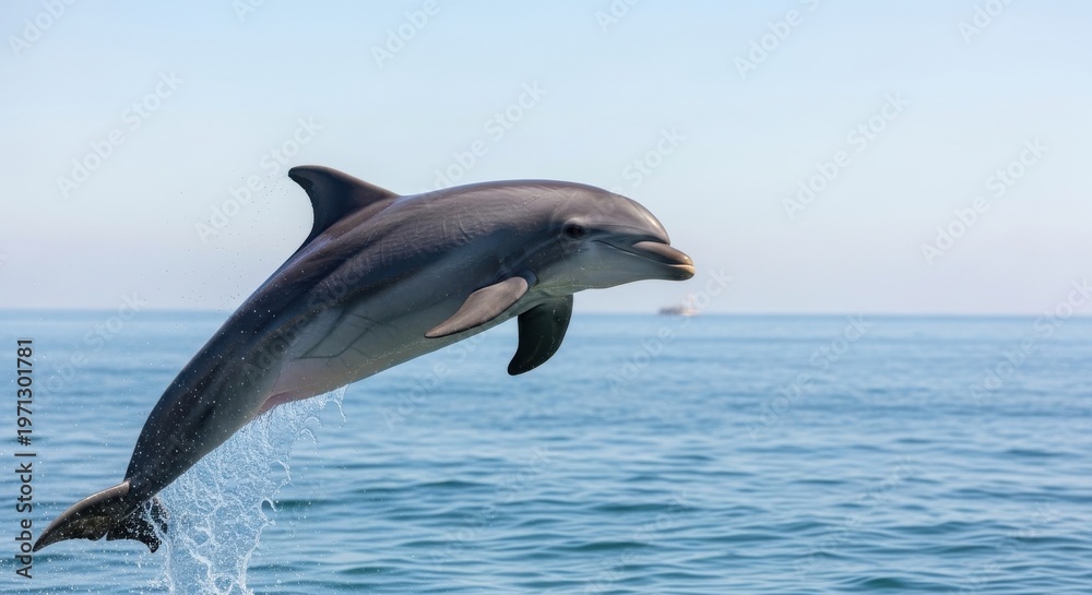 Fototapeta premium A graceful dolphin in mid-air, powerfully leaping from the sparkling ocean waters under a clear sky.