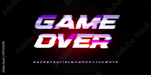 Game Over Digital Sport Alphabet Font Gradient Vibrant Glow Red Neon Glitch Futuristic Typography, Gaming Cyberpunk Headline, UI Interface Dynamic Bold Night Typographic Design. Vector Illustration