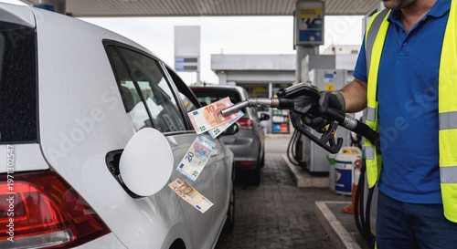 Aumento del costo dei carburanti - Rifornimento presso la stazione di servizio con banconote che vanno nel serbatoio