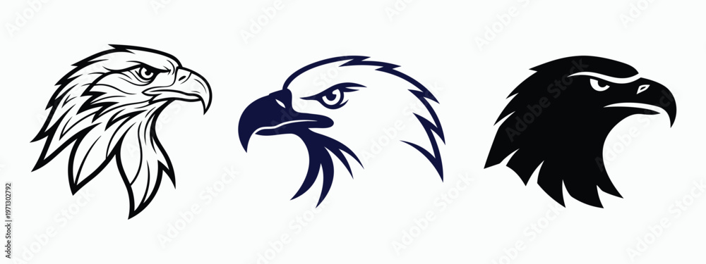 Fototapeta premium Set of Three Bald Eagle Head Silhouettes Vector Illustration, Black, Outline and Blue