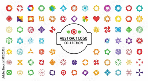 Large set of abstract geometric logo templates and icons in various colors, including hexagonal, circular, floral, and star shapes, displayed in a grid on a plain white background.