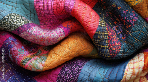 Colorful Patchwork Quilt with Intricate Stitching and Textures