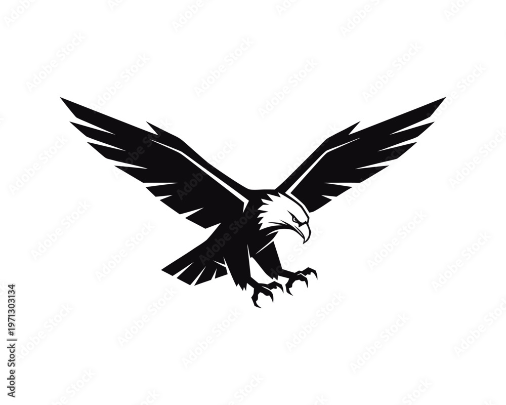 Fototapeta premium Powerful Bald Eagle Silhouette Vector, Flying Eagle Open Wings Black White Graphic