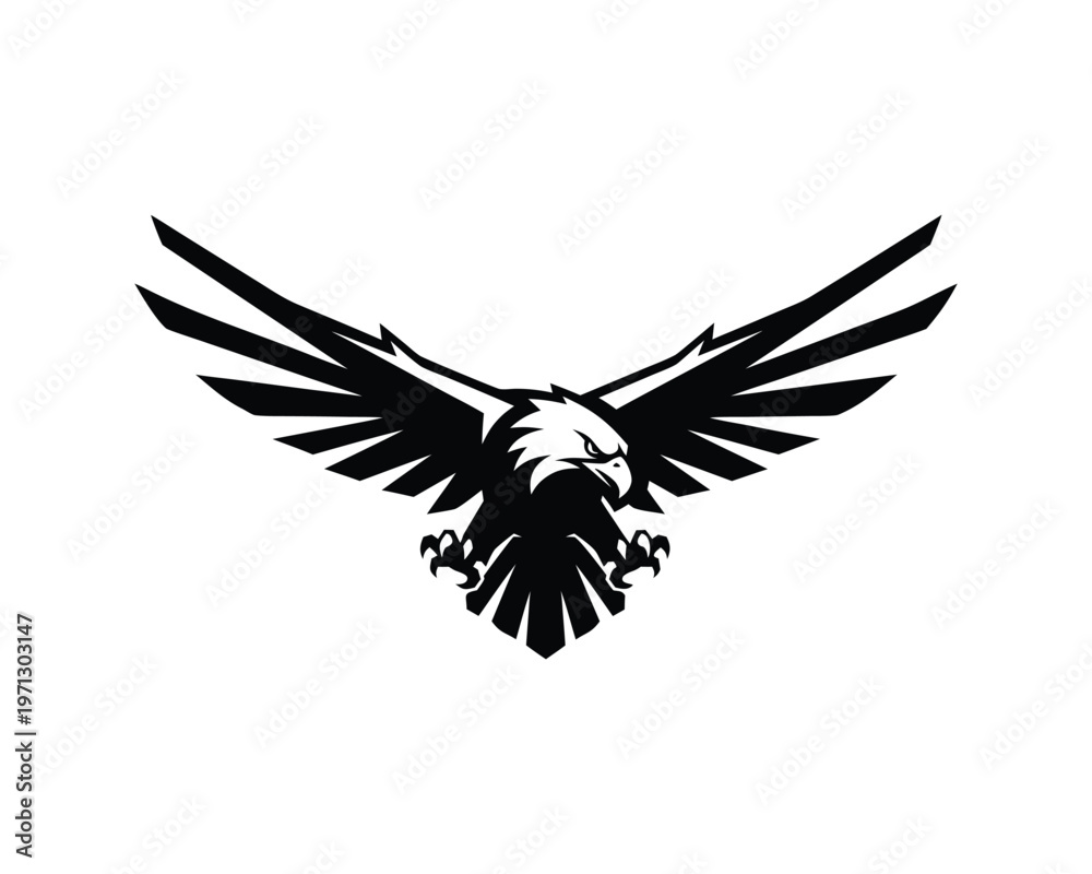 Fototapeta premium Black Eagle Flying with Wings Spread, Bald Eagle Silhouette Vector Logo