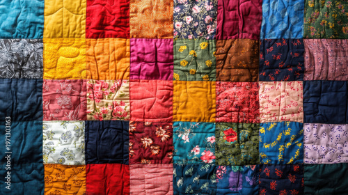 Colorful Patchwork Quilt Displaying Various Textile Patterns and Textures