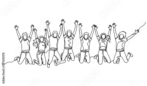 Young people jumping joyfully continuous one line drawing with raised hands celebration vector