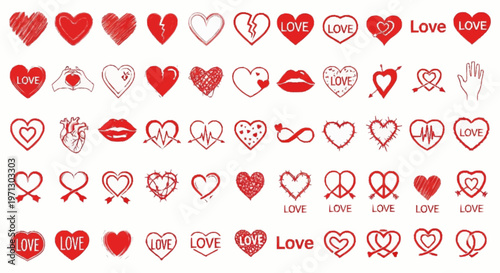 Large set of red heart icons and symbols featuring various styles like anatomical, broken, hand-drawn, and decorative elements with love text on a clean white background.