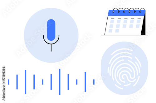Biometrics, digital security, authentication, identification systems, scheduling, voice data. A microphone, fingerprint calendar and sound waves. Biometrics and digital security illustrated