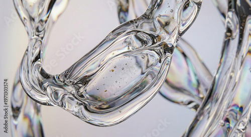 Abstract 3D rendering of flowing iridescent liquid glass with microscopic bubbles and golden particles, futuristic sensory texture background