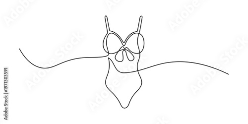 A stylish one-piece swimsuit is elegantly drawn with a single continuous line, evoking summer fashion and poolside leisure.