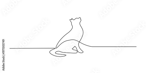 A sleek cat is depicted in a continuous line art drawing, looking upwards with curiosity or anticipation on a simple white background.
