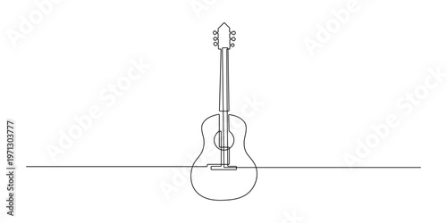 A continuous single line art drawing illustrates an acoustic guitar with a simple, elegant style, perfect for music-related themes or minimalistic design.
