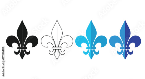 Collection of four fleur de lis symbols in different styles including solid black, outline, and gradient blue variations