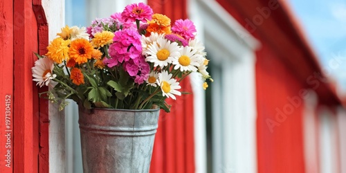 Sunflowers and Other Flowers in a Metal Bucket on a Wooden Table Near a Red B...
