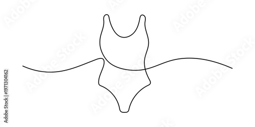 A flowing continuous single line art drawing captures a stylish one-piece swimsuit, evoking feelings of summer, swimming, fashion, and poolside relaxation with elegant curves.