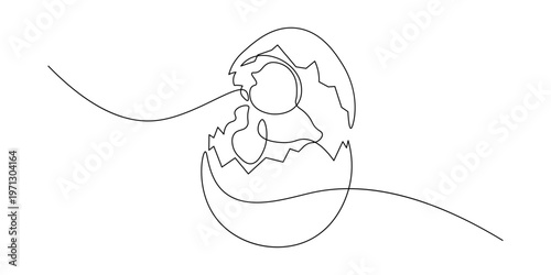 A charming continuous single line art drawing illustrates a baby chick actively breaking free from its eggshell, symbolizing new life, innocence, and spring's fresh start.