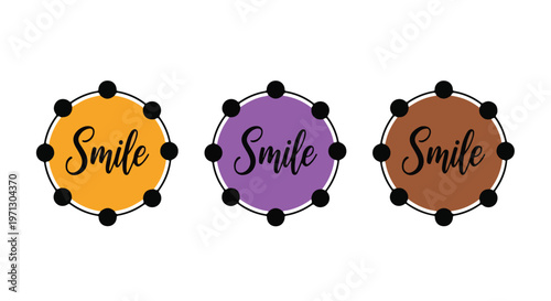 Three circular decorative elements with the word Smile written in a stylish font on colorful backgrounds