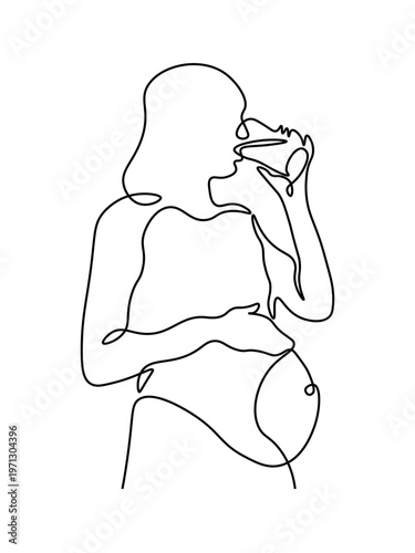 A minimalist continuous line drawing portrays a pregnant woman delicately holding her baby bump while hydrating with a drink from a glass