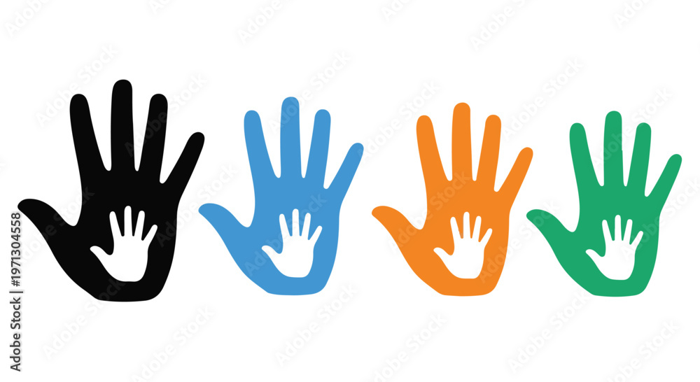 Fototapeta premium Diverse hands with children's handprints inside symbolizing unity, family, and support in vibrant colors