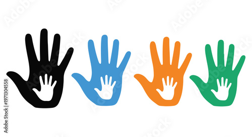 Diverse hands with children's handprints inside symbolizing unity, family, and support in vibrant colors