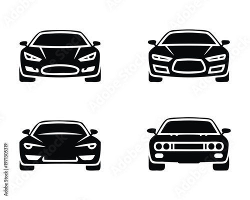 Sports Car Front View Silhouette Vector Set, Black Car Icons Illustration