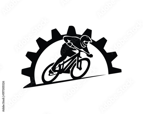 "Cyclist silhouette inside gear cog, mountain bike rider logo with sprocket, black vector illustration"