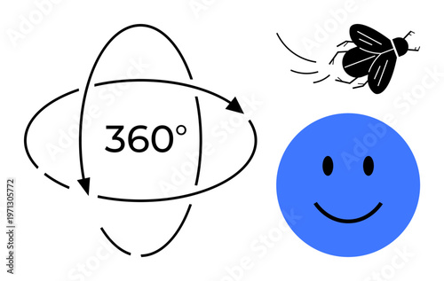 360 degree concept. Rotation symbol highlighting dynamic movement with fun fly and playful blue smile elements. 360 degree visuals for design, education, creativity, versatility