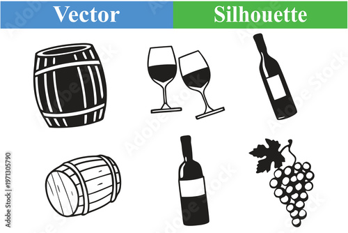 Wine Bottle, Wine Glass, Barrel and Grapes Silhouette Vector
