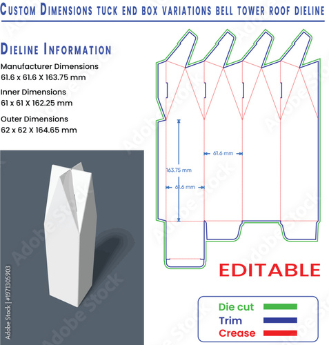 Custom Dimensions Tuck End Box Dieline Bell Tower Roof Packaging Design template 