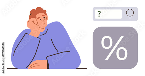 Online search, problem solving, decision making, research, curiosity, finance. A man rests his chin on his hand, with a search bar and percentage sign beside him. Online search and problem solving