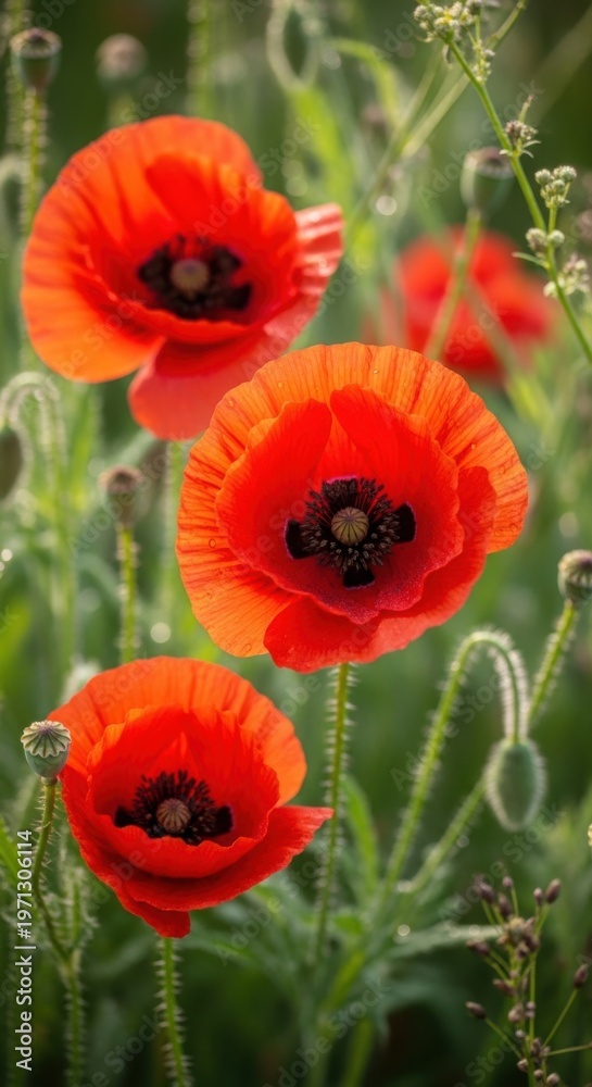 Fototapeta premium Bright Red Poppy Flowers Blooming Naturally in Green Meadow