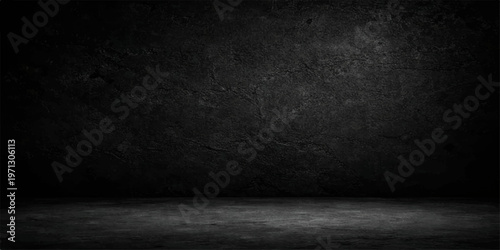 Empty dark room featuring an old grey concrete wall texture with a black vintage grunge effect on a dirty cement floor backdrop