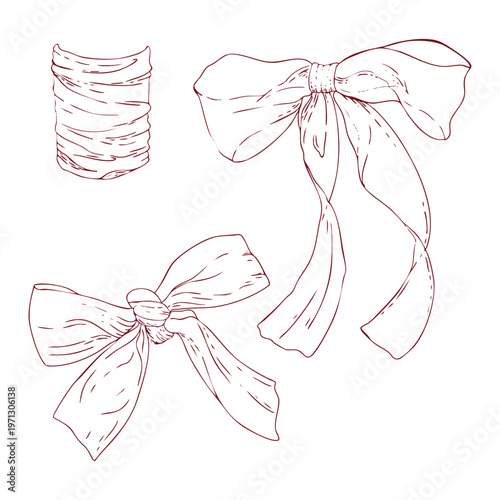 Set of vector bows, ribbon for a bouquet of flowers, outline line, simple drawing