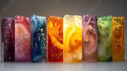 Colorful Swirl Soap Bars with Bubbles and Vibrant Patterns