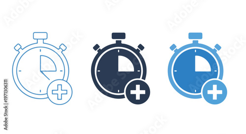 Three stopwatch icons with plus symbols indicating time management and adding new events or tasks
