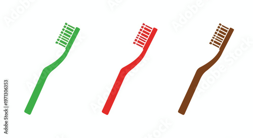 Three colorful toothbrushes in green, red, and brown arranged diagonally on a white background for dental hygiene