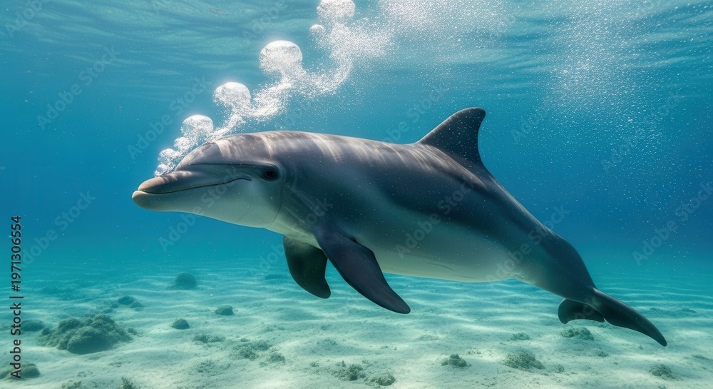 Fototapeta premium A curious dolphin gracefully swims through a curtain of rising bubbles in the clear blue ocean.