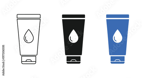 Three different styles of cosmetic cream tubes with a water drop icon, representing skincare product options