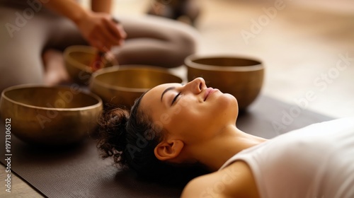 Woman relaxing during sound therapy with singing bowls in a tranquil spa setting