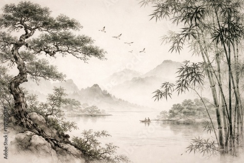 Serene landscape with traditional artistry.