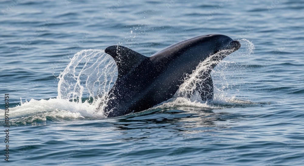 Fototapeta premium A powerful dolphin breaches the ocean surface with a dramatic splash, showcasing its marine majesty and aquatic grace.
