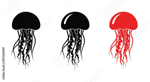 Three stylized jellyfish silhouettes in black and red colors, floating gracefully with flowing tentacles