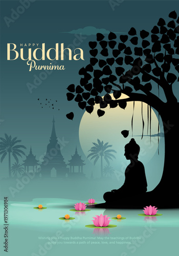 Happy Vesak Day, Buddha Purnima wishes greetings with silhouette of buddha. Creative vector illustration design.
