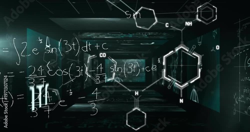 Animation of chemical formula over mathematical equations and figures