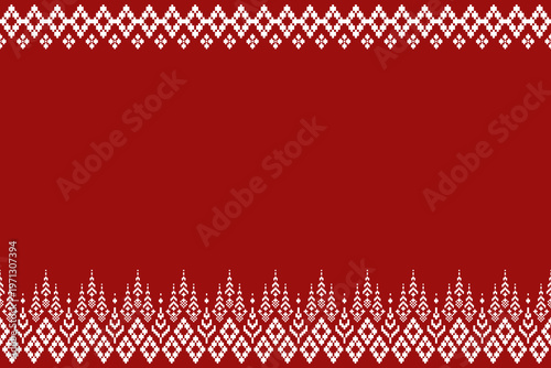 Top and bottom border with repeating triangular spikes and dense floral pixel bands. Red background with layered geometric rhythm and structured spacing in a traditional textile style.