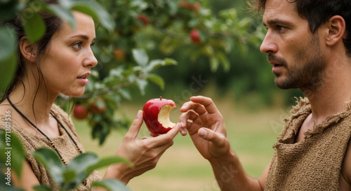 Adam and Eve sharing the forbidden fruit in the Garden of Eden. Woman offering a bitten red apple to a man in primitive clothing. Biblical temptation and original sin concept