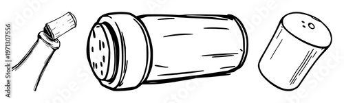 Cork stopper set with minimal black line art design featuring bottle accessories, wine stoppers, barware with organic material and natural textures