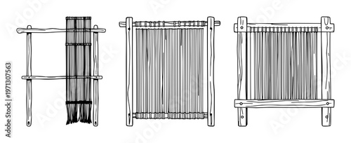 Loom set with high detail black line art illustration of a wooden weaving loom frame featuring architectural, textile, industrial with simple and minimalist