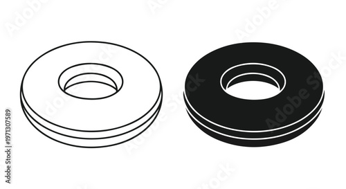Two flat washers, one outlined and one solid black, shown in isometric perspective on a white background